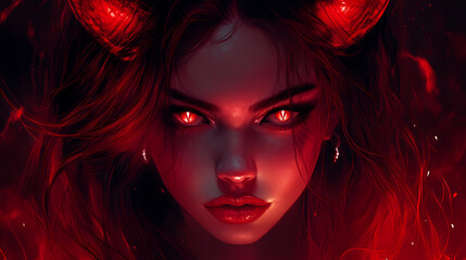 Captivating devil inspired beauty portrait with red horns and alluring expression. Sirens Lure. Illustration