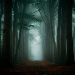 Mysterious forest with glowing mist and ancient trees