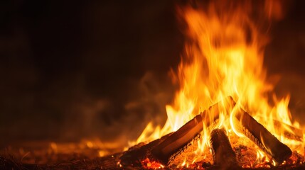 Warm bonfire flames dancing in the dark night sky, creating a cozy atmosphere for gatherings.