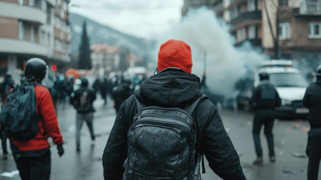 Urban chaos - riots with protesters clashing in city streets amid fire and smoke, depicting scene of emergency, violence, with police controlling situation during a major upheaval.