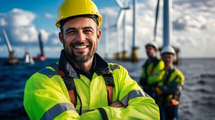 confident worker smiles while standing in front of wind turbines, showcasing teamwork and dedication in renewable energy. scene reflects bright future for sustainable energy