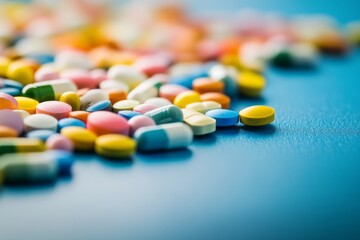 colorful pills scattered on a blue background, symbolizing healthcare and medicine.