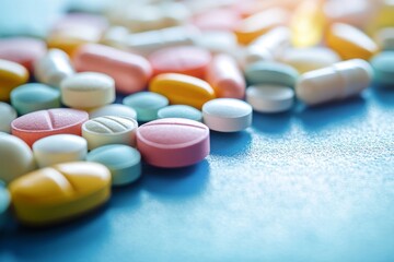 Colorful pills scattered on a blue background, symbolizing healthcare and medicine.