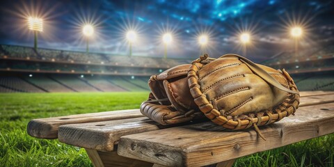 a worn baseball mitt lies on a weathered wooden bench surrounded by fresh-cut green grass and a hint