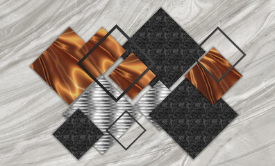 3d abstract wallpaper. silk brown, black and gray Squares on marble gray background. modern wall decoration