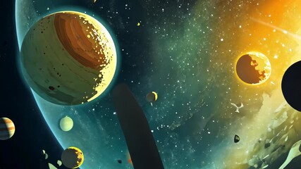 Wall Mural - A large, golden planet hangs in the vast, star-studded expanse of space