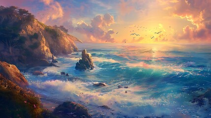 Wall Mural - a beautiful sunset over the beach, with the sky painted in warm hues of orange and pink, as the sun 