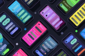 Aufkleber - Several smartphone screens are arranged together, showcasing colorful stories and engaging short videos that capture viewers' attention. Generative AI