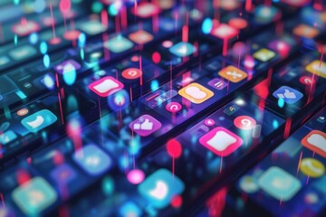 Aufkleber - Smartphones display vibrant screens featuring like and comment icons, highlighting the excitement of social media interactions in a digital realm. Generative AI