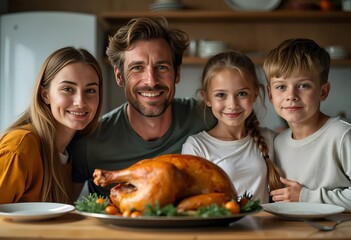 White american family celeberating thanksgiving with roasted turkey