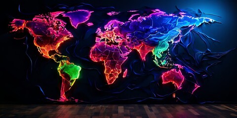 Poster - A colorful, neon globe of the world is displayed on a black background