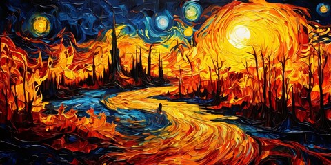 Poster - A painting of a river with a man in the water