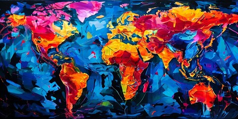 Poster - A colorful painting of the world with a blue background