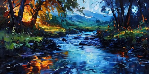 Poster - A painting of a river with a sunset in the background