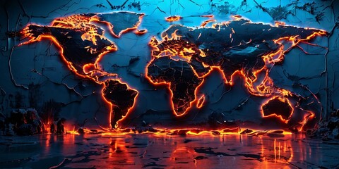 Poster - A large, glowing, fiery world map with the continents of Africa, Europe
