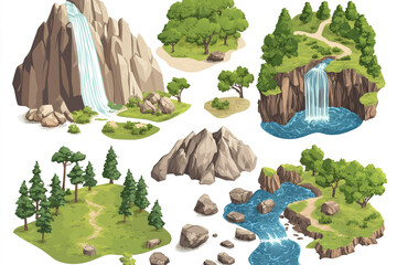 isometric mountain landscape with wild terrain forests rocks river and waterfall vector