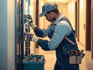 Black electrician working on wiring in control panel