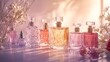 © Mr image - 4. A captivating still life scene featuring an array of transparent glass perfume bottles in various colors, set against a gentle light background for a chic perfumery banner