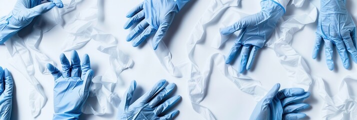 Poster - Sterile medical gloves are scattered on a clean white surface along with crumpled paper, emphasizing hygiene and preparation for medical tasks. Generative AI