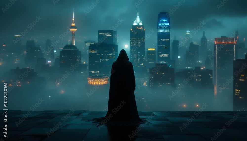 Mysterious Figure Overlooking Foggy Cyberpunk City Skyline at Night ...