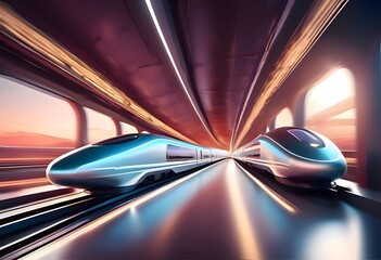 High-Speed Trains Racing at Sunset Journey