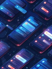Aufkleber - Several smartphone screens show engaging stories and short clips, glowing brightly in a dark, high-tech setting. Generative AI