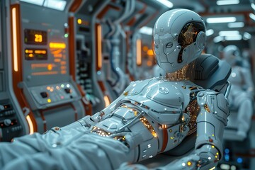 Poster - futuristic ai-driven healthcare system diagnostics treatment patient robot fully care space