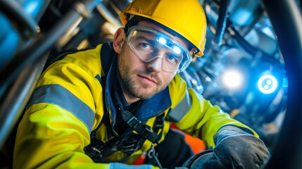 focused male worker in yellow safety helmet and goggles inspects machinery in dimly lit environment, showcasing dedication and safety