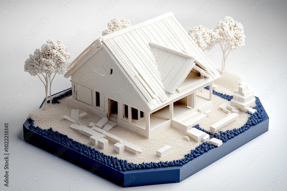 A digital 3D model of a rural house being dismantled piece by piece ...