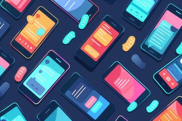 Aufkleber - Multiple smartphones showcase colorful screens with various stories and short clips, highlighting digital interaction in modern life. Generative AI