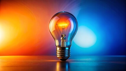 A single lightbulb with a glowing filament, illuminated by a soft, orange and blue gradient, rests on a reflective surface, reflecting its light.