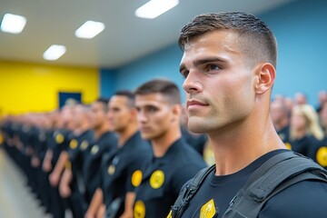 A group of military personnel receiving commendations for their exemplary service, standing at attention in front of a large audience