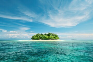 Fototapete - A peaceful island features pristine white sand, lush greenery, and clear turquoise water, inviting relaxation and exploration. Generative AI