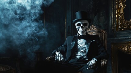 Portrait of a skeleton gentleman with hat. The decoration poster for Halloween.