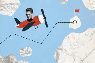 Aufkleber - Composite trend artwork sketch image photo collage of sky clouds young man pilot plane fly moving graphics stats goal flag point business