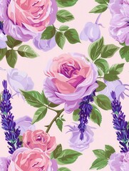 Sticker - The design features vibrant pink roses intertwined with delicate lavender, creating a soothing and elegant floral composition. Generative AI