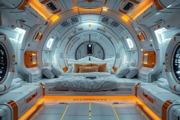 Poster - futuristic space camp tourists astronaut training including zero-gravity spacewalks science