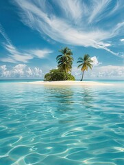 Poster - A peaceful island features soft white sand and clear turquoise waters, inviting visitors to unwind in a tropical paradise under sunny skies. Generative AI