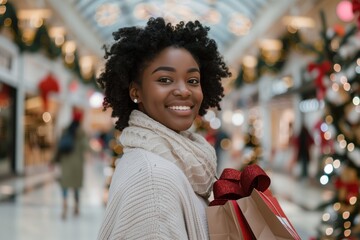 In a festively decorated shopping mall, a young woman exudes joy while shopping for Christmas gifts, her bright smile adding to the holiday spirit and her stylish embrace of the season