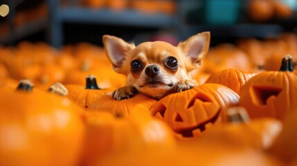 Halloween Background, Chihuahua laying among carved pumpkins, autumn setting.