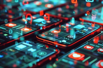 Aufkleber - Numerous smartphones illuminated with colorful like and comment icons signal dynamic social media engagement and connection. Generative AI