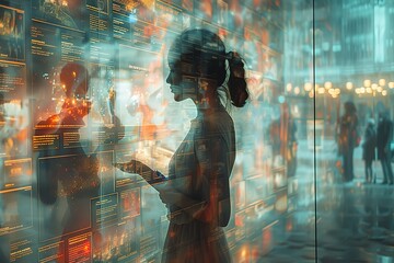 Poster - high-tech ai-driven news aggregator delivers feeds free technology woman space v text job