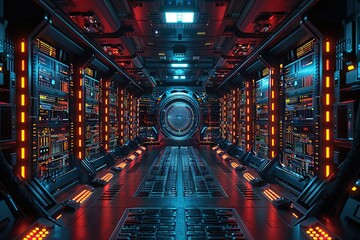 Poster - a futuristic space station with a large glowing orb in the center