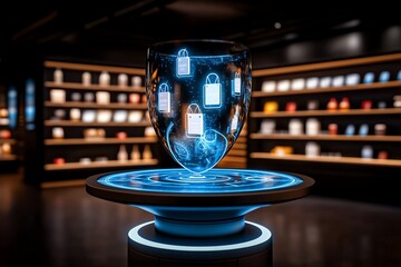 Poster - 3D model of a futuristic online shopping experience where products hover as interactive holograms, with detailed lighting and shadows enhancing the virtual environment
