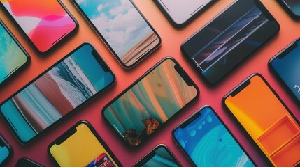 Aufkleber - Multiple smartphones showcase engaging stories and short clips, creating a lively atmosphere with diverse content. Generative AI
