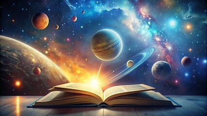 Wall Mural - a cosmic spectacle unfolds from an open book, illuminating the mysteries of the universe with a cele