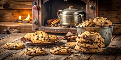 Wall Mural - A Rustic Still Life Featuring Chocolate Chip Cookies, a Metal Pot, and a Vintage Wooden Stove