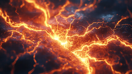 Abstract representation of molten lava flowing with bright orange cracks, showcasing the power of nature and volcanic activity on a dark background.