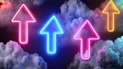 Poster - Colorful Neon Arrows Upward in Abstract Clouds   3D Render