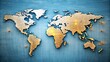 © Indigo Studio - A golden world map etched into a textured blue surface, each continent highlighted with shimmering accents, emphasizing global connections.